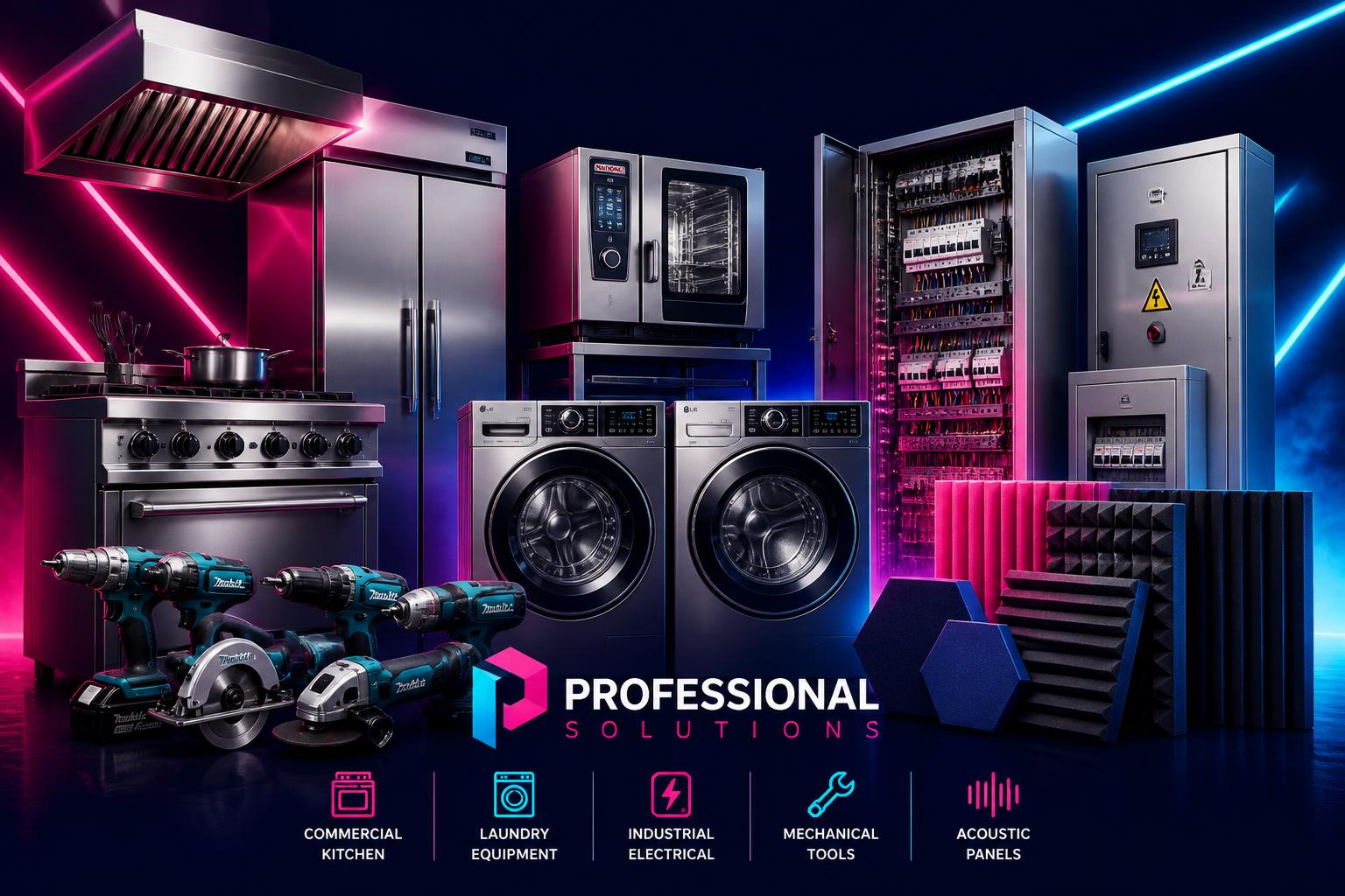 Range of commercial kitchen, laundry, electrical and acoustic equipment